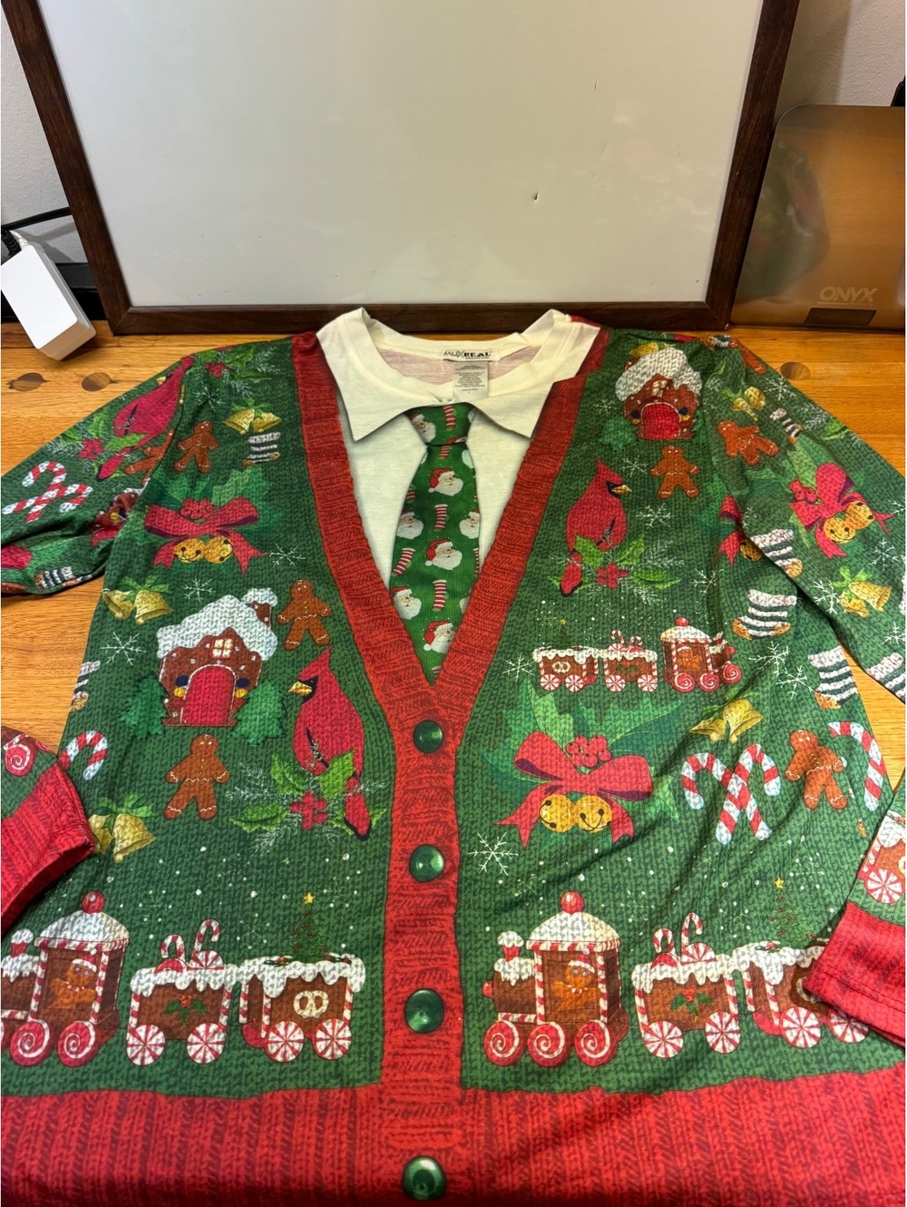 Faux Real Men's Large Christmas Ugly Sweater Cardigan with Santa Tie Design XL